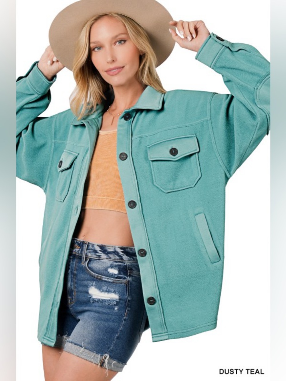 Zenana Oversized Basic Fleece Shacket Dusty Teal